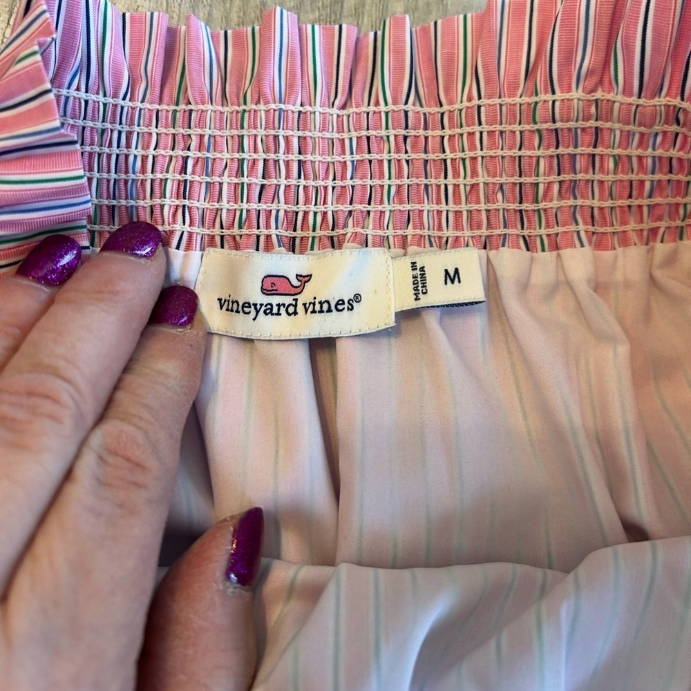 Vineyard Vines Striped Off the Shoulder Dress Medium Pink Shirred Coastal Resort - Picture 7 of 11